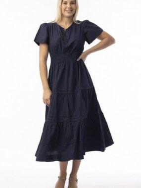 Smocked Waist Navy Maxi Dress with Tiered Skirt - 100% Cotton